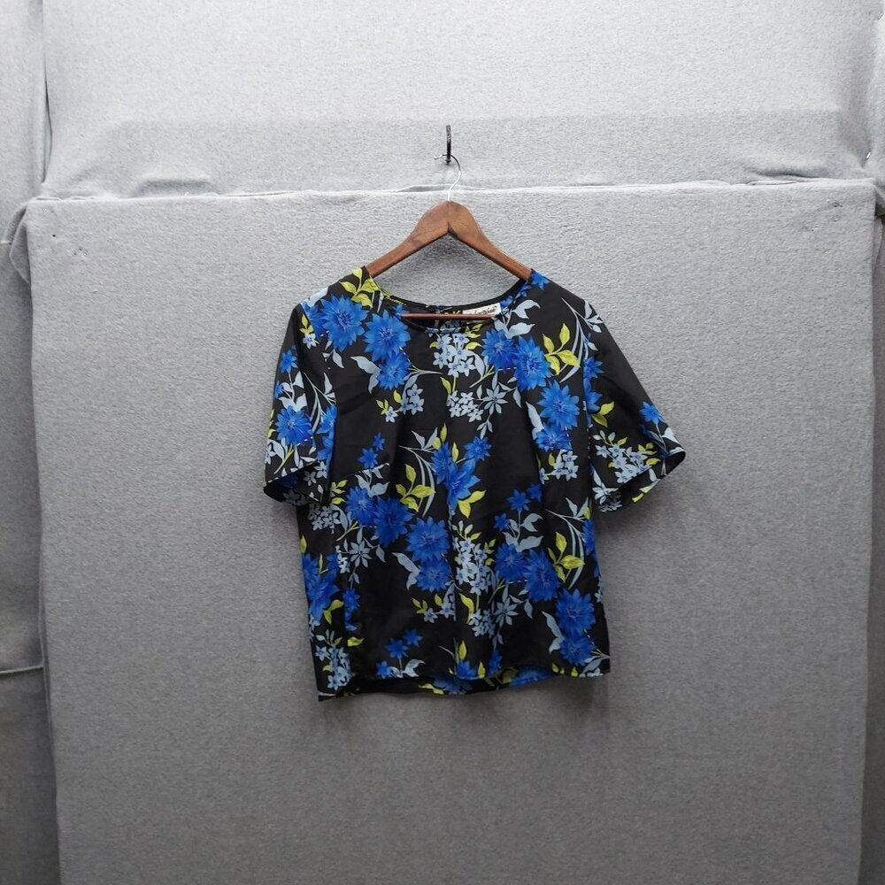 Anthony Richards Womens Floral Short-Sleeve Blouse Size 1X Black/Blue‎ Polyester